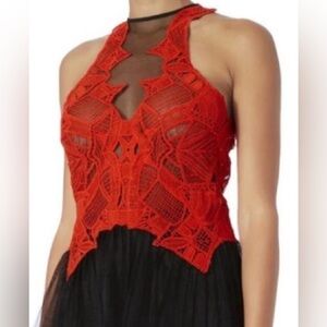 Jonathan Simkhai Red Lace Peplum Top, size 4.